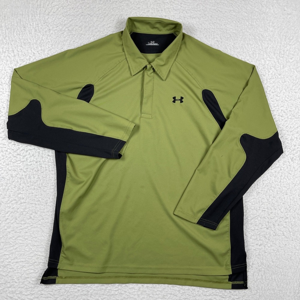 Under Armour Polo Shirt Mens XL Green Black Long Sleeve Athletic Golf Top